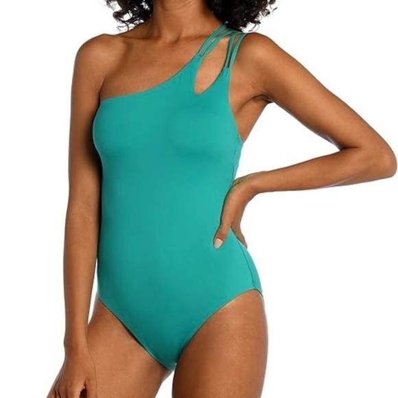 La Blanca Strappy One-Shoulder One-Piece Swimsuit, Emerald Green, Size 12 NWT - Picture 3 of 16